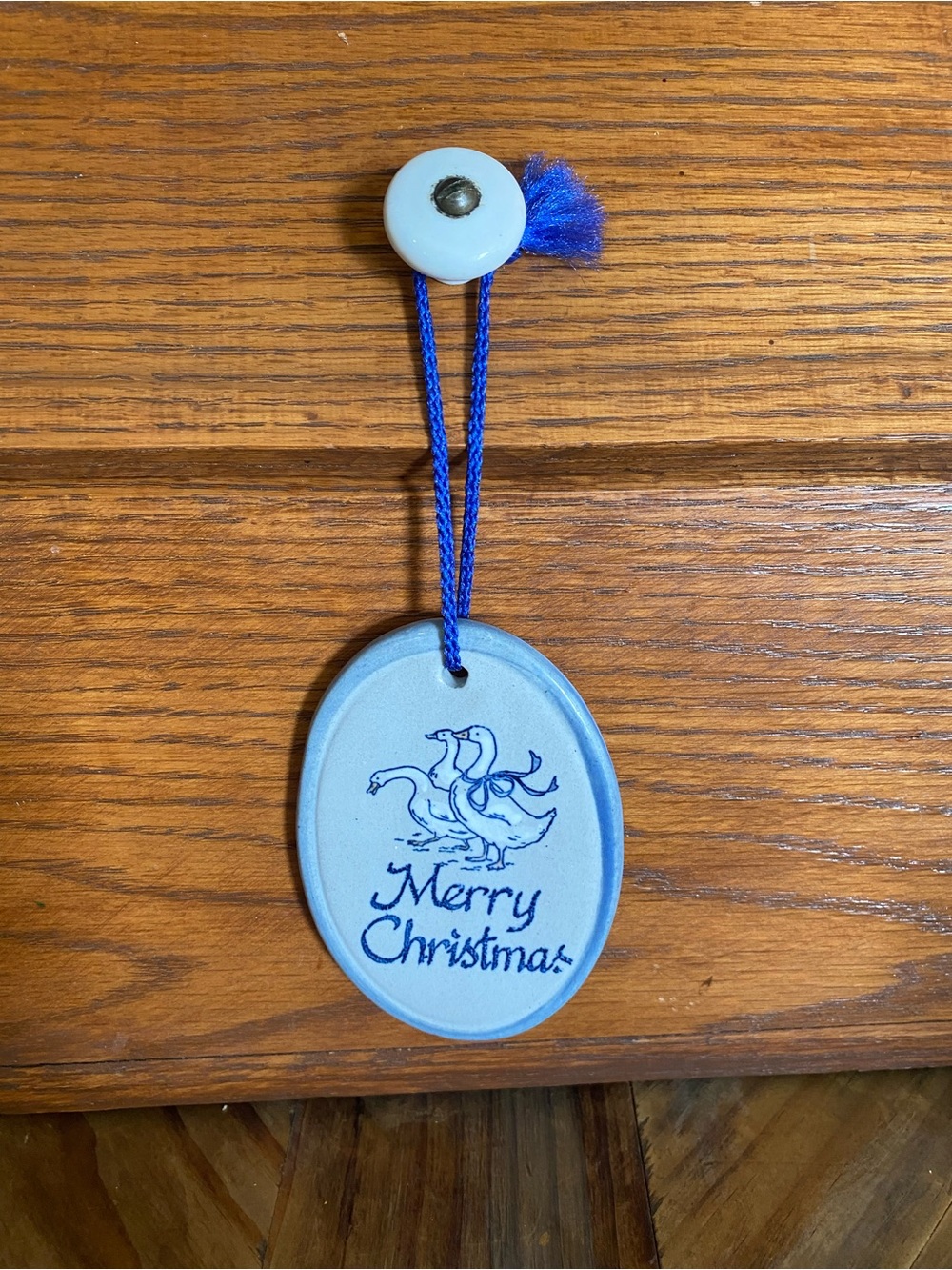 Blue Merry Christmas goose Ceramic Hanging Ornament - vintage Louisville pottery